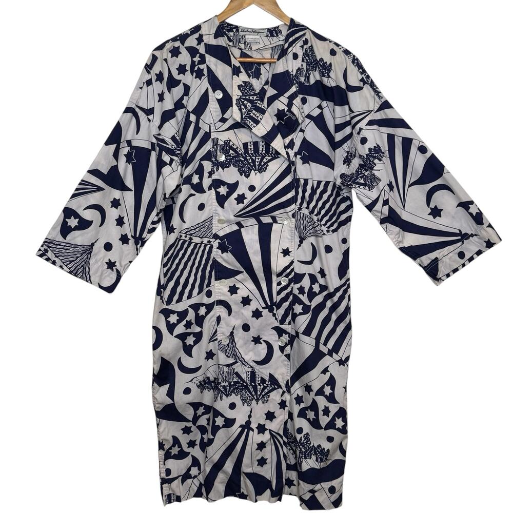 Salvatore Ferragamo Made in Italy Cotton Moon Stars Print Midi Dress Vintage